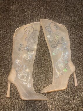 Gianni Bini Ivory Sheer Embellished Knee-High Stiletto Boots
